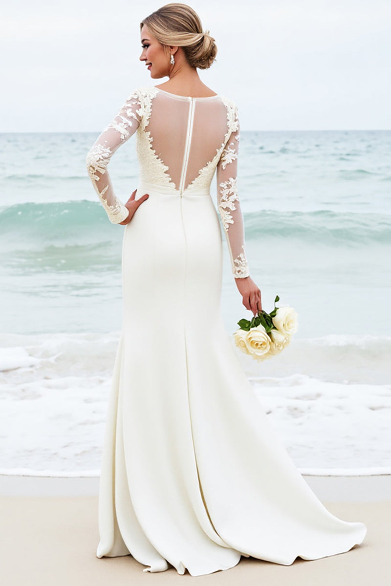Load image into Gallery viewer, Ivory Mermaid Satin Long Sleeve Wedding Dress With Lace