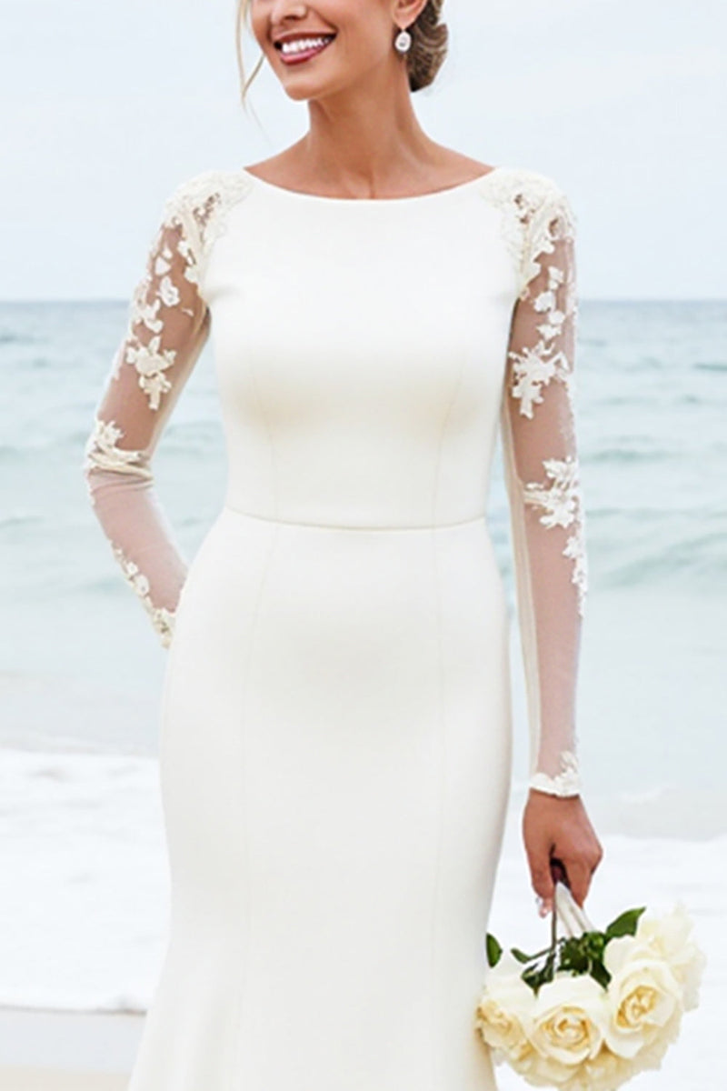 Load image into Gallery viewer, Ivory Mermaid Satin Long Sleeve Wedding Dress With Lace