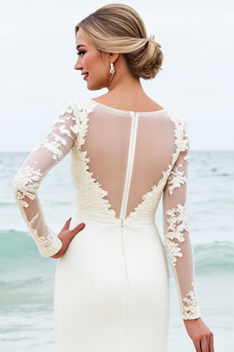Load image into Gallery viewer, Ivory Mermaid Satin Long Sleeve Wedding Dress With Lace