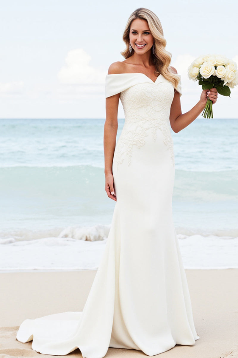 Load image into Gallery viewer, Ivory Mermaid Satin Applique Off The Shoulder Wedding Dress