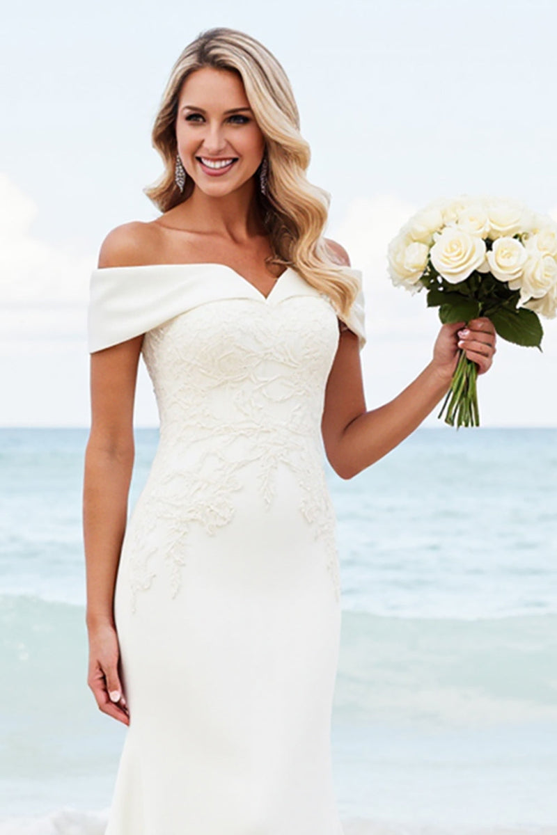 Load image into Gallery viewer, Ivory Mermaid Satin Applique Off The Shoulder Wedding Dress