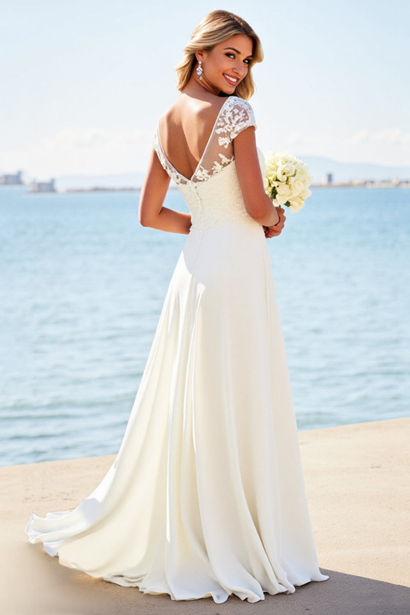 Load image into Gallery viewer, White A Line Satin Wedding Dress with Appliques
