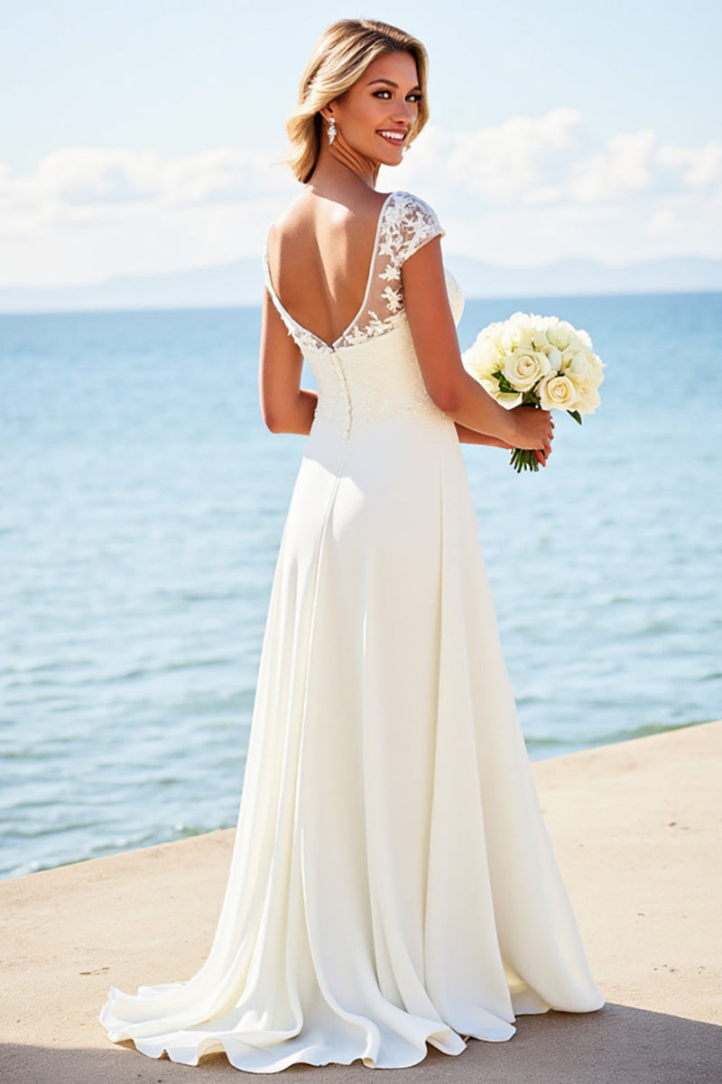 Load image into Gallery viewer, White A Line Satin Wedding Dress with Appliques