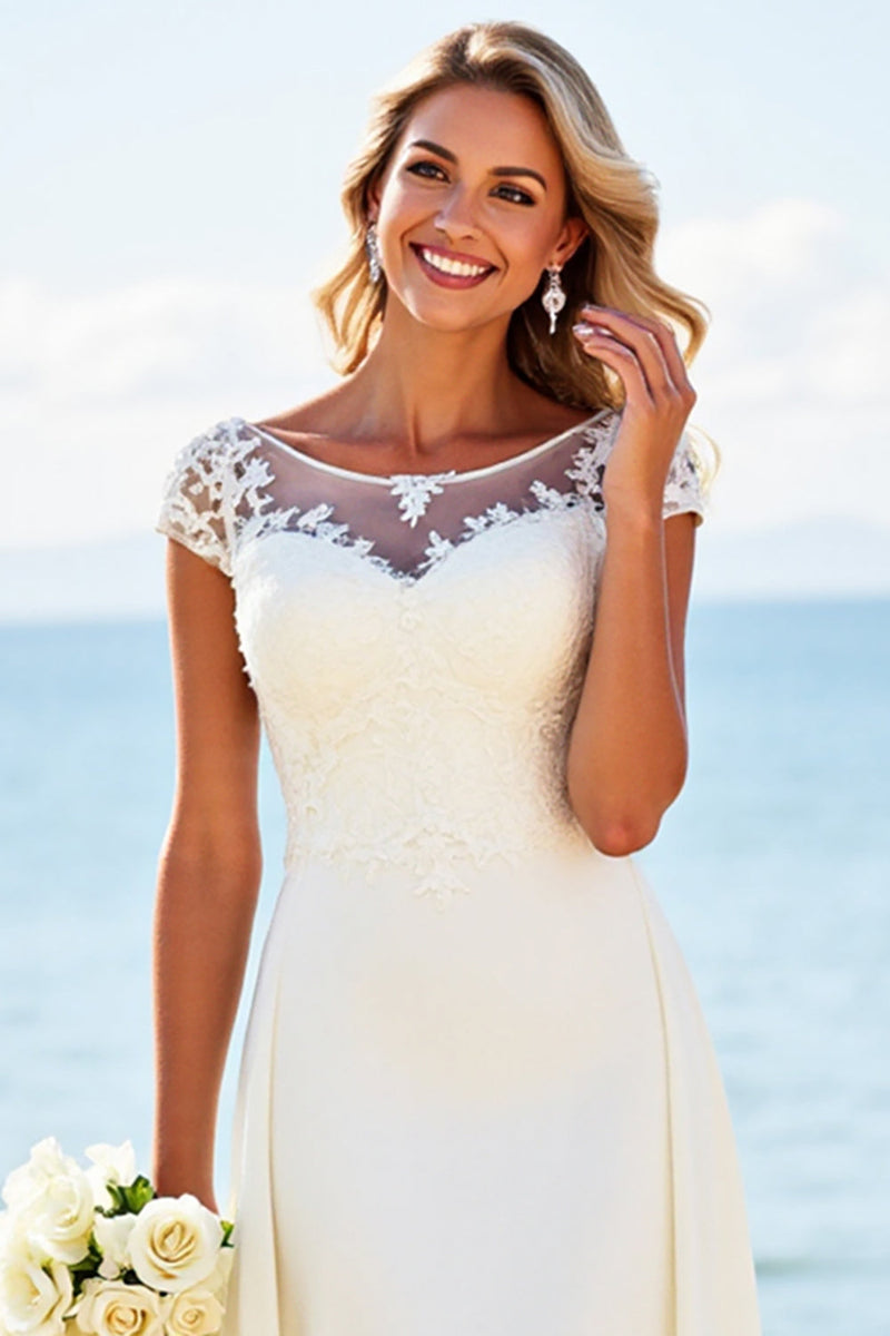 Load image into Gallery viewer, White A Line Satin Wedding Dress with Appliques