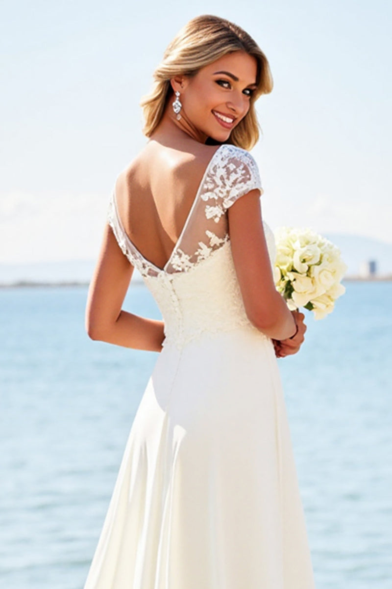 Load image into Gallery viewer, White A Line Satin Wedding Dress with Appliques