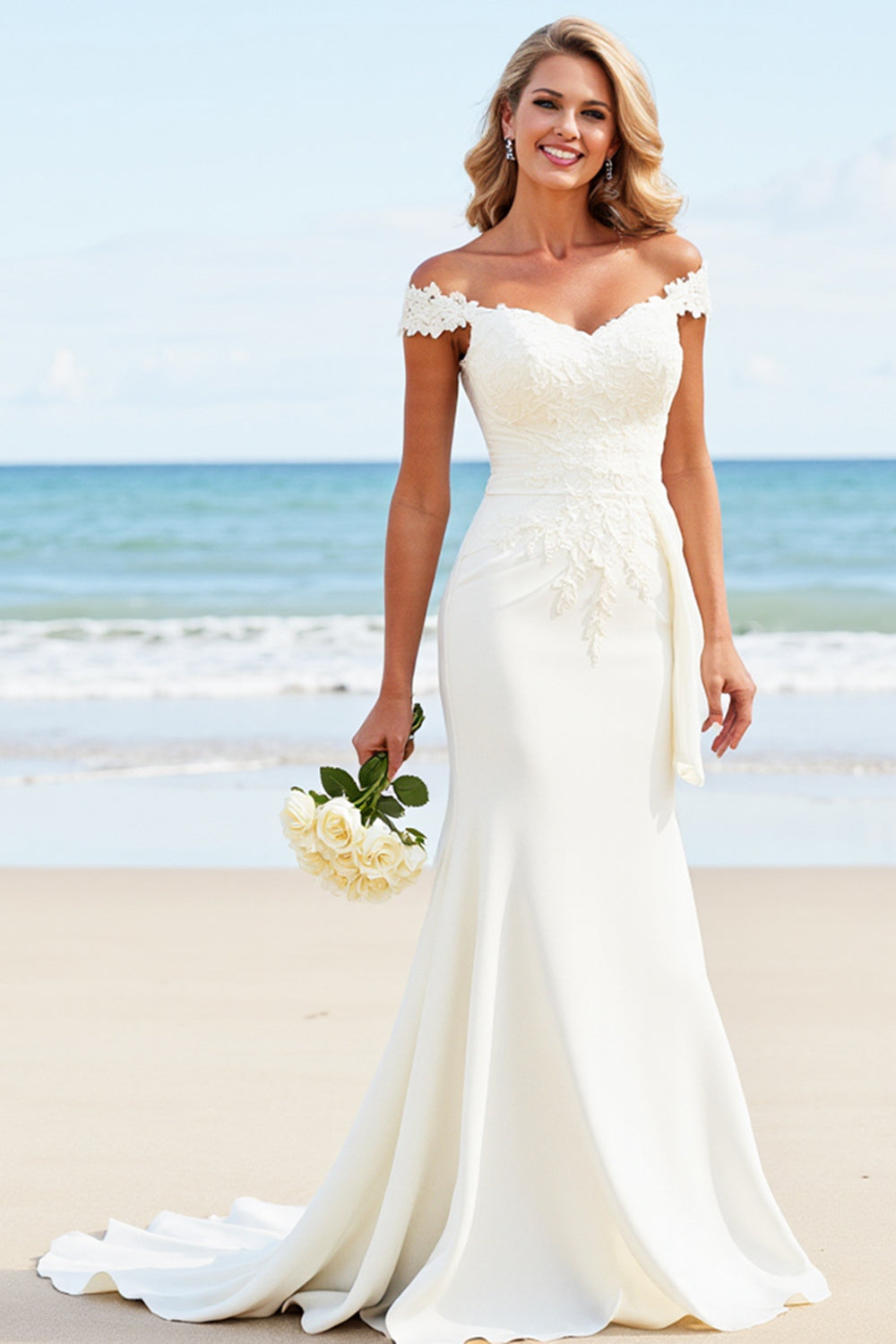 White Mermaid Off the Shoulder Satin Wedding Dress with Lace