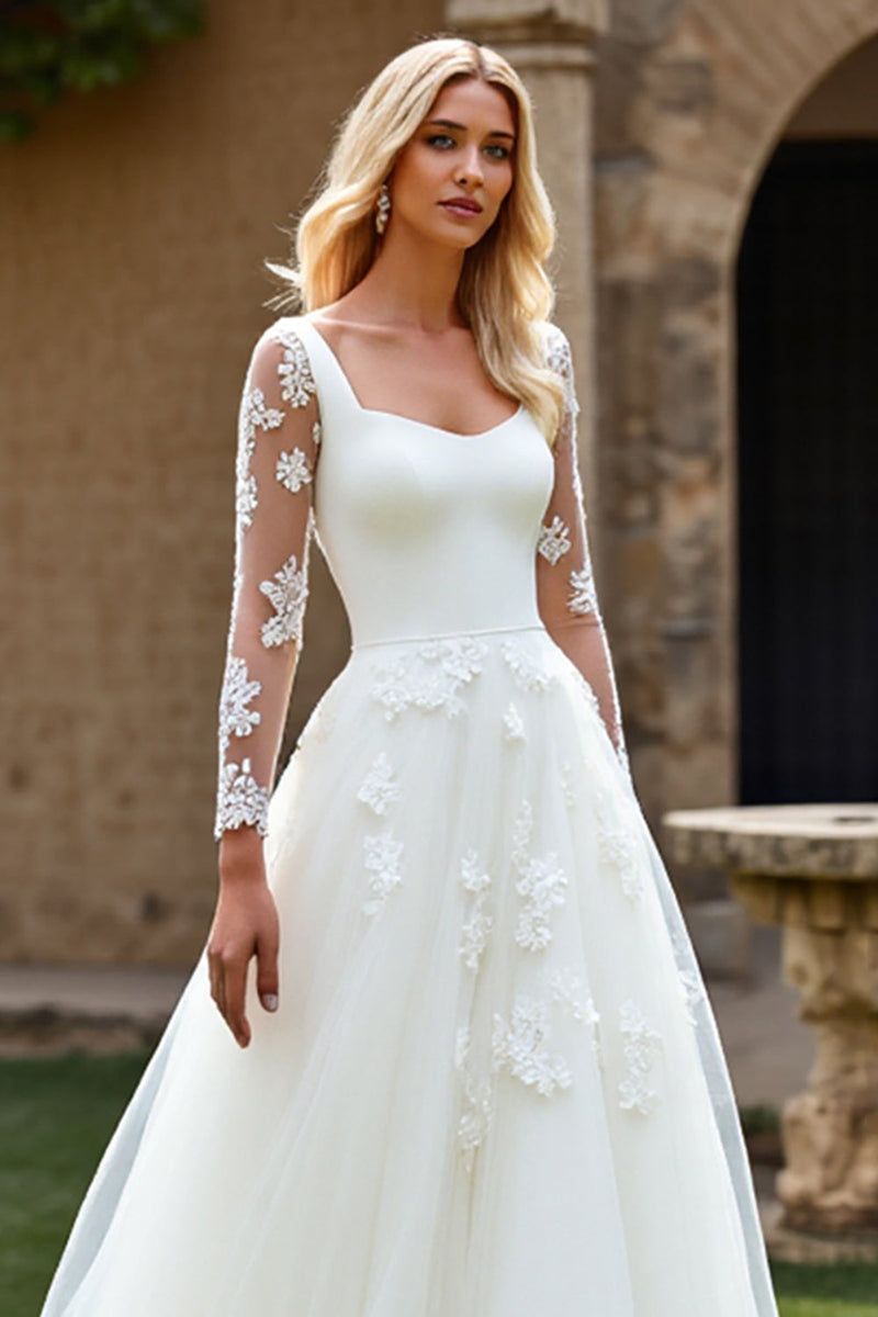 Load image into Gallery viewer, Ivory A-Line Square Neck Long Sleeve Tulle Wedding Dress with Appliques
