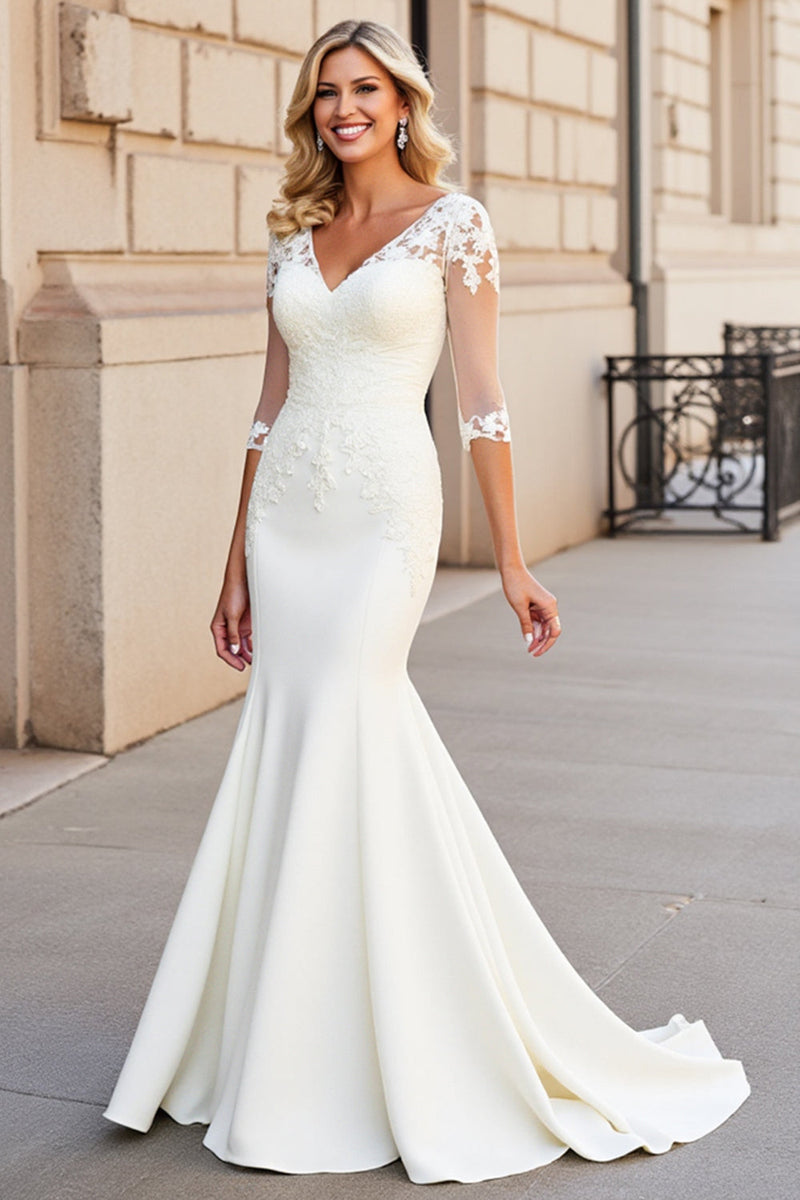 Load image into Gallery viewer, Ivory Mermaid V Neck Half Sleeve Wedding Dress With Appliques