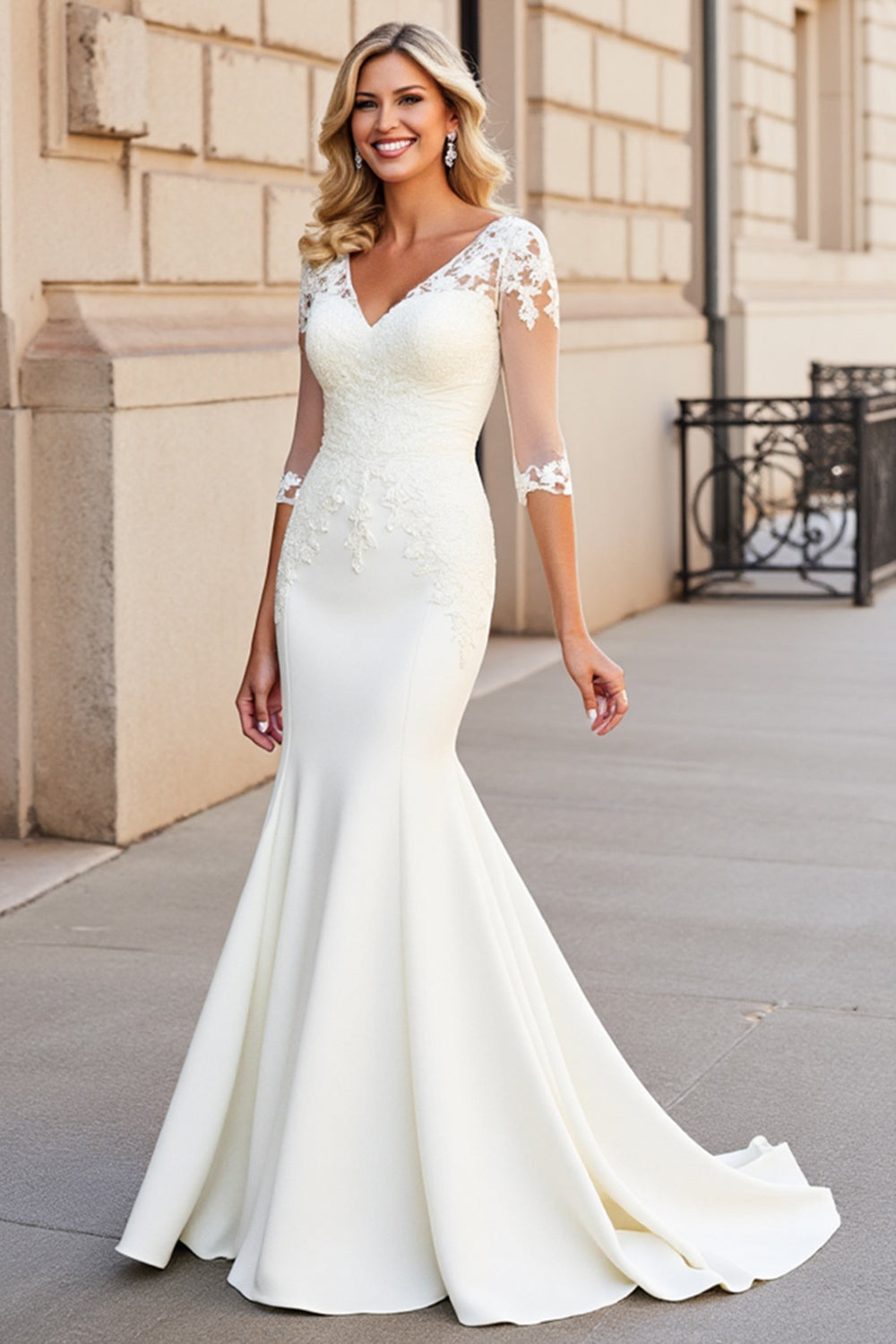 Ivory Mermaid V Neck Half Sleeve Wedding Dress With Appliques