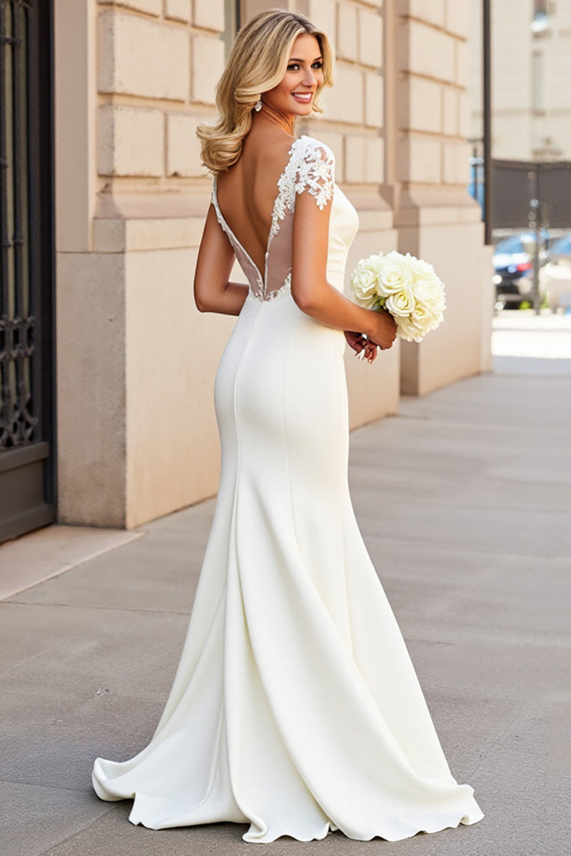 Load image into Gallery viewer, Ivory Mermaid V Neck Half Sleeve Wedding Dress With Appliques