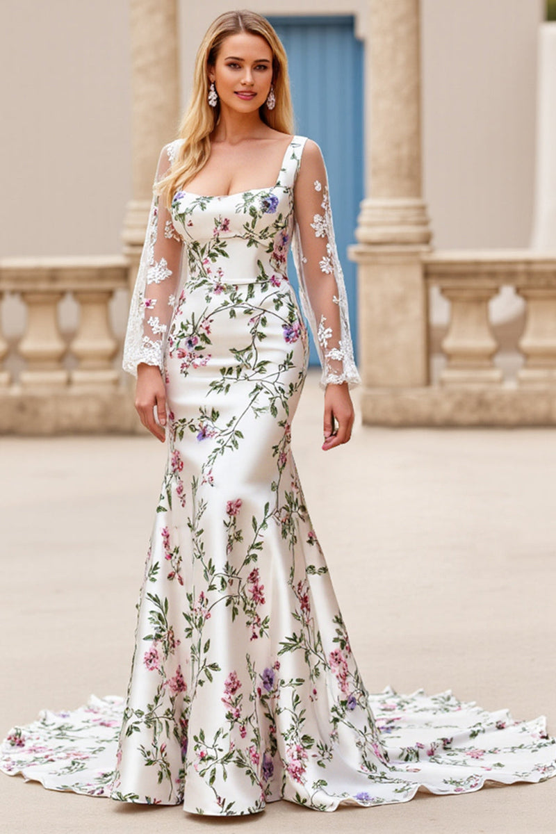 Load image into Gallery viewer, Ivory Flower Mermaid Embroidered Long Sleeve Wedding Dress with Lace