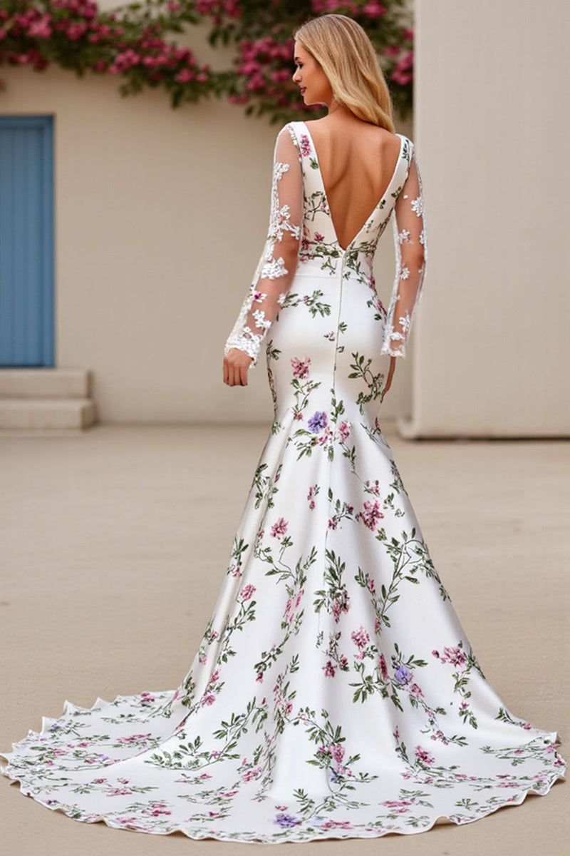 Load image into Gallery viewer, Ivory Flower Mermaid Embroidered Long Sleeve Wedding Dress with Lace