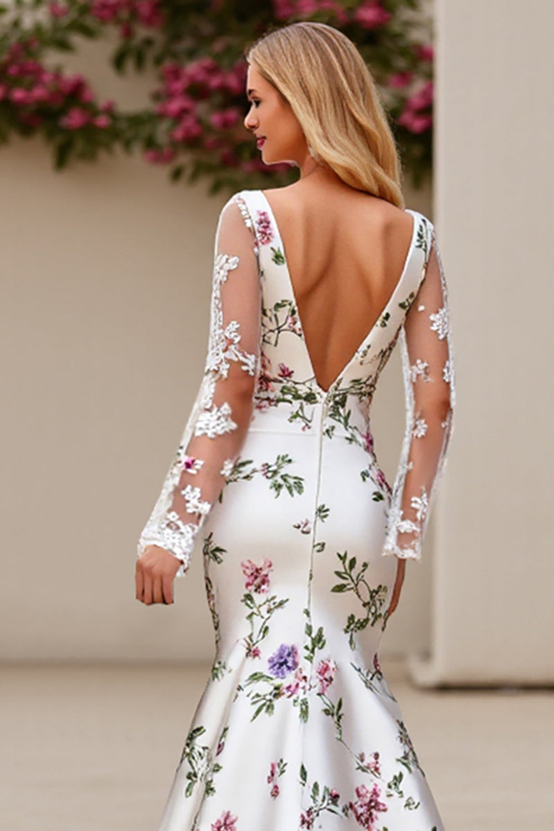 Load image into Gallery viewer, Ivory Flower Mermaid Embroidered Long Sleeve Wedding Dress with Lace