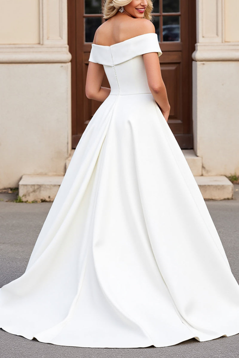 Load image into Gallery viewer, Ivory A-Line Off The Shoulder Satin Long Wedding Dress With Bows