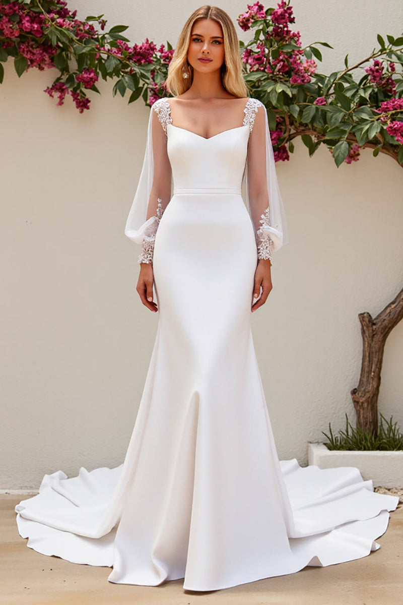 Load image into Gallery viewer, Ivory Mermaid Long Sleeve Satin Wedding Dress With Lace