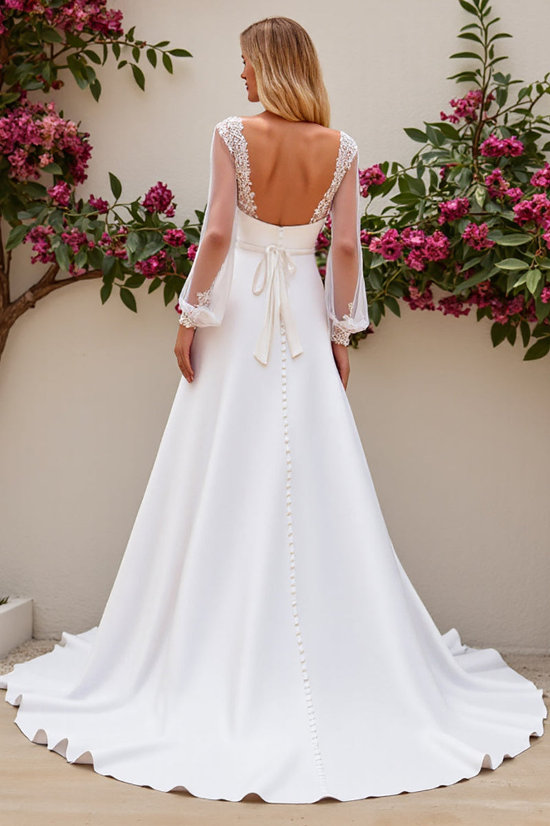 Load image into Gallery viewer, Ivory Mermaid Long Sleeve Satin Wedding Dress With Lace