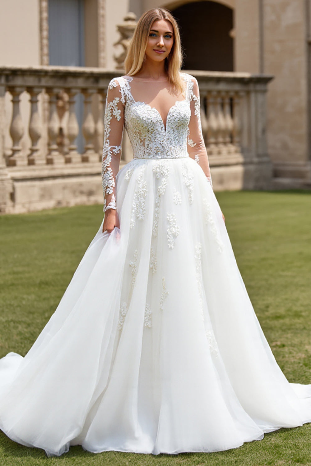 White A-Line V Neck Tulle Long Sleeve Wedding Dress with Appliques