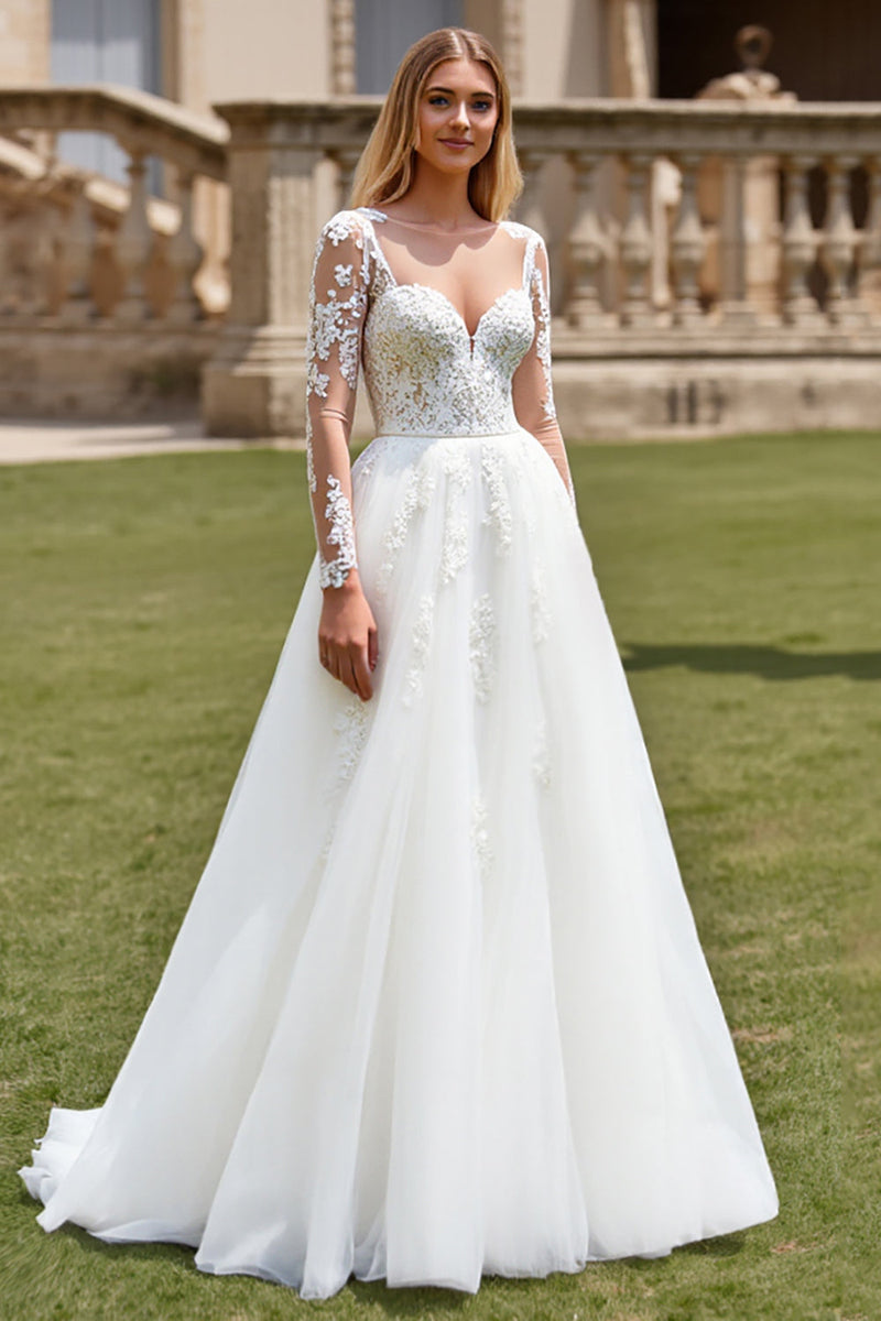 Load image into Gallery viewer, White A-Line V Neck Tulle Long Sleeve Wedding Dress with Appliques