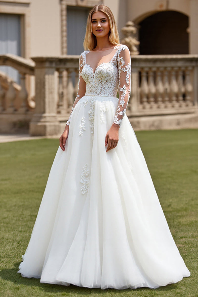 Load image into Gallery viewer, White A-Line V Neck Tulle Long Sleeve Wedding Dress with Appliques