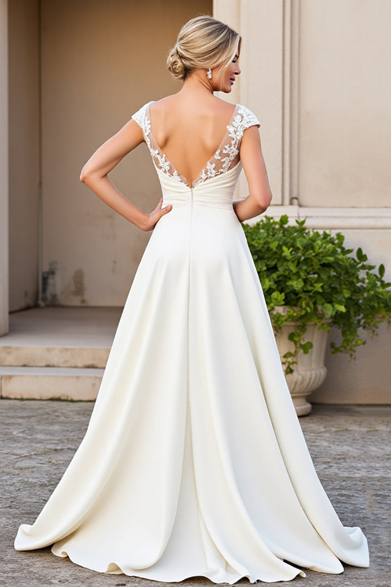 Load image into Gallery viewer, Ivory A-Line V Neck Satin Long Bridal Dress With Lace