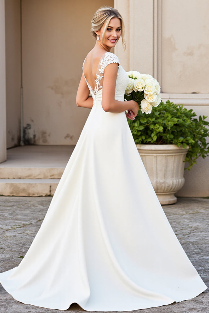 Load image into Gallery viewer, Ivory A-Line V Neck Satin Long Bridal Dress With Lace