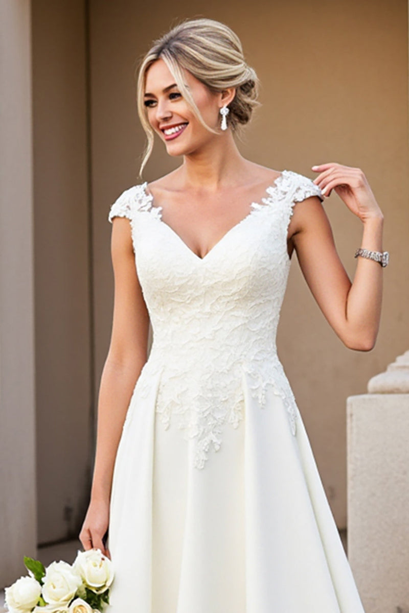 Load image into Gallery viewer, Ivory A-Line V Neck Satin Long Bridal Dress With Lace