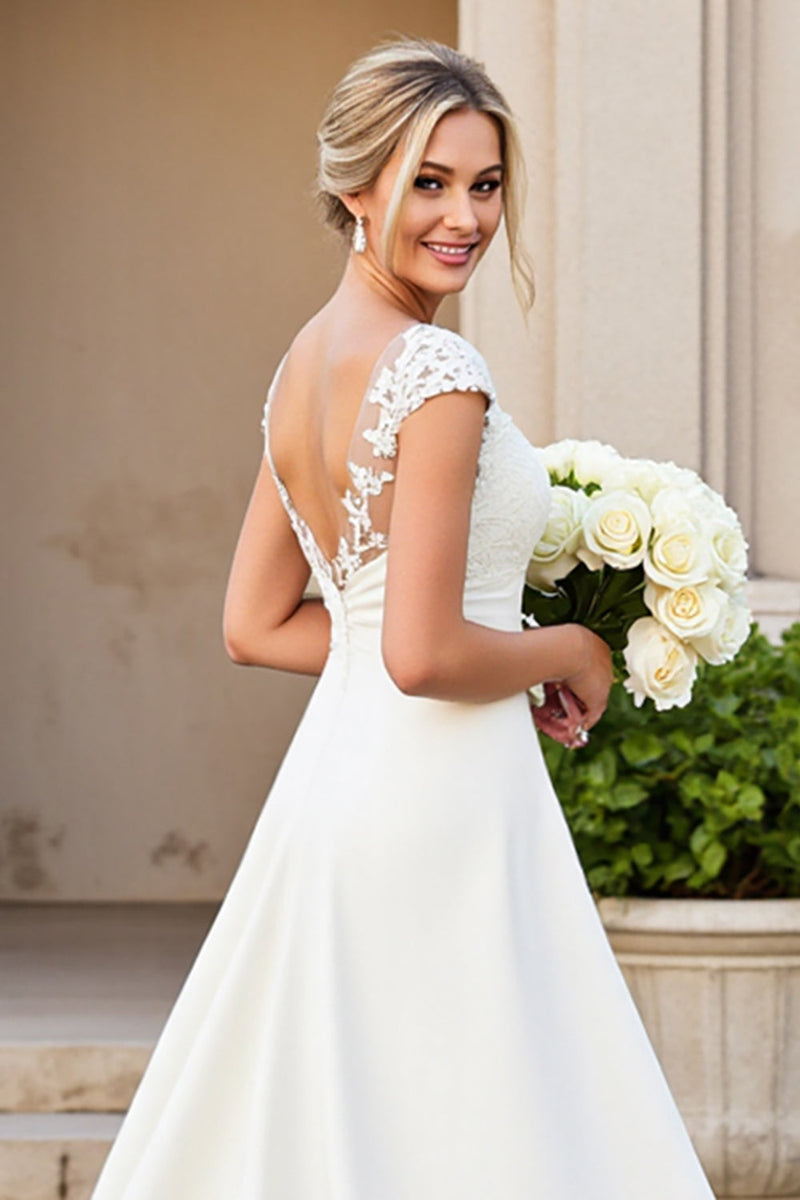 Load image into Gallery viewer, Ivory A-Line V Neck Satin Long Bridal Dress With Lace