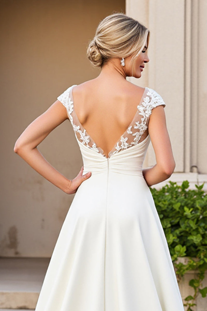 Load image into Gallery viewer, Ivory A-Line V Neck Satin Long Bridal Dress With Lace