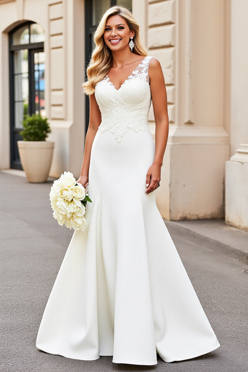 Load image into Gallery viewer, White Mermaid V Neck Satin Long Bridal Dress With Lace Appliques