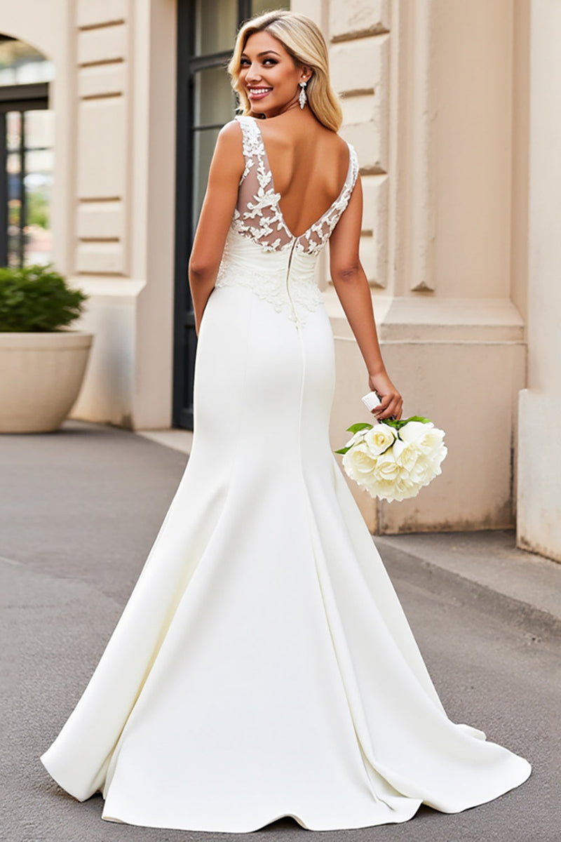Load image into Gallery viewer, White Mermaid V Neck Satin Long Bridal Dress With Lace Appliques