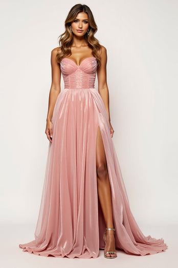 Glitter Fabric Blush Pink A Line Strapless Prom Dress with Slit