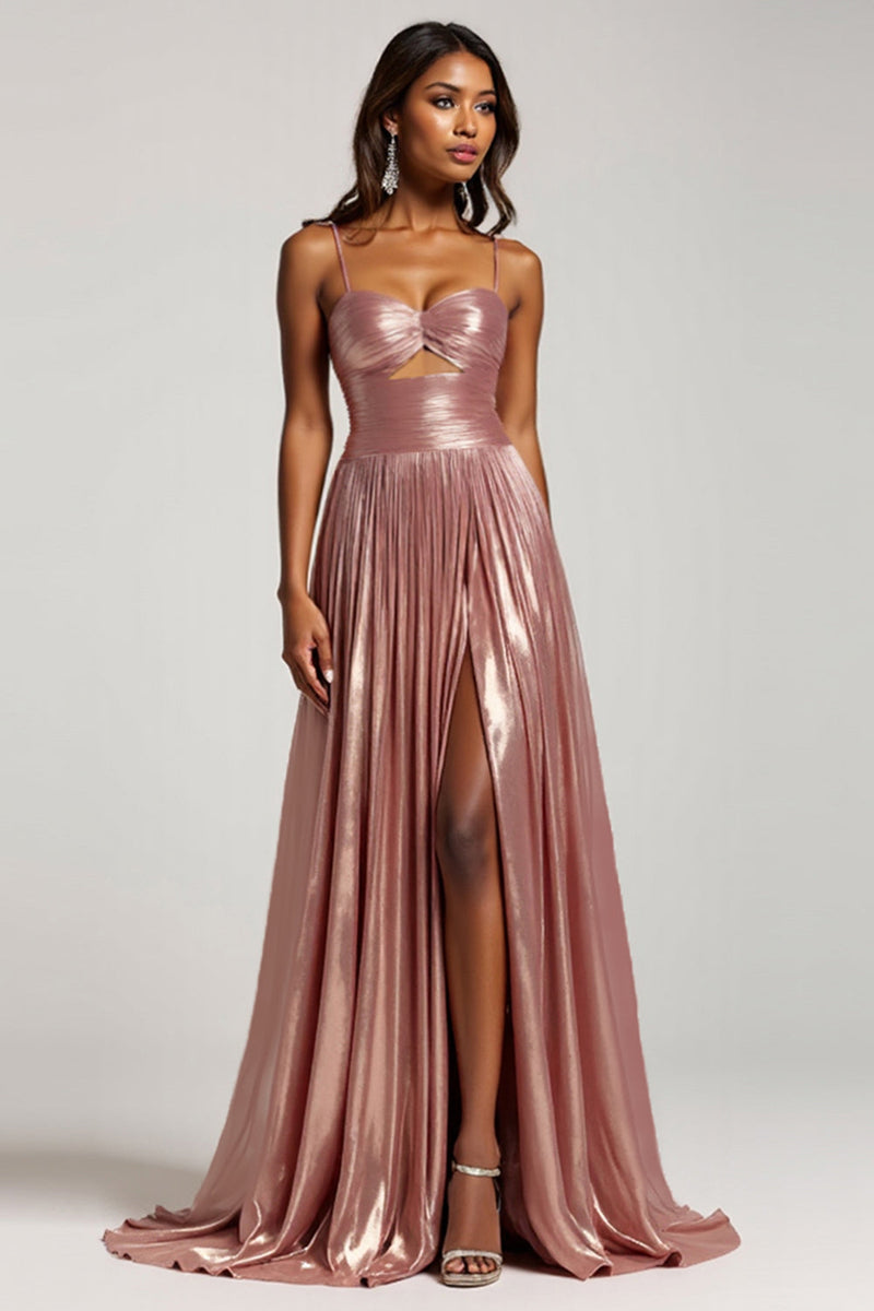 Load image into Gallery viewer, Glitter Dusty Rose A Line Cut Out Spaghetti Straps Prom Dress