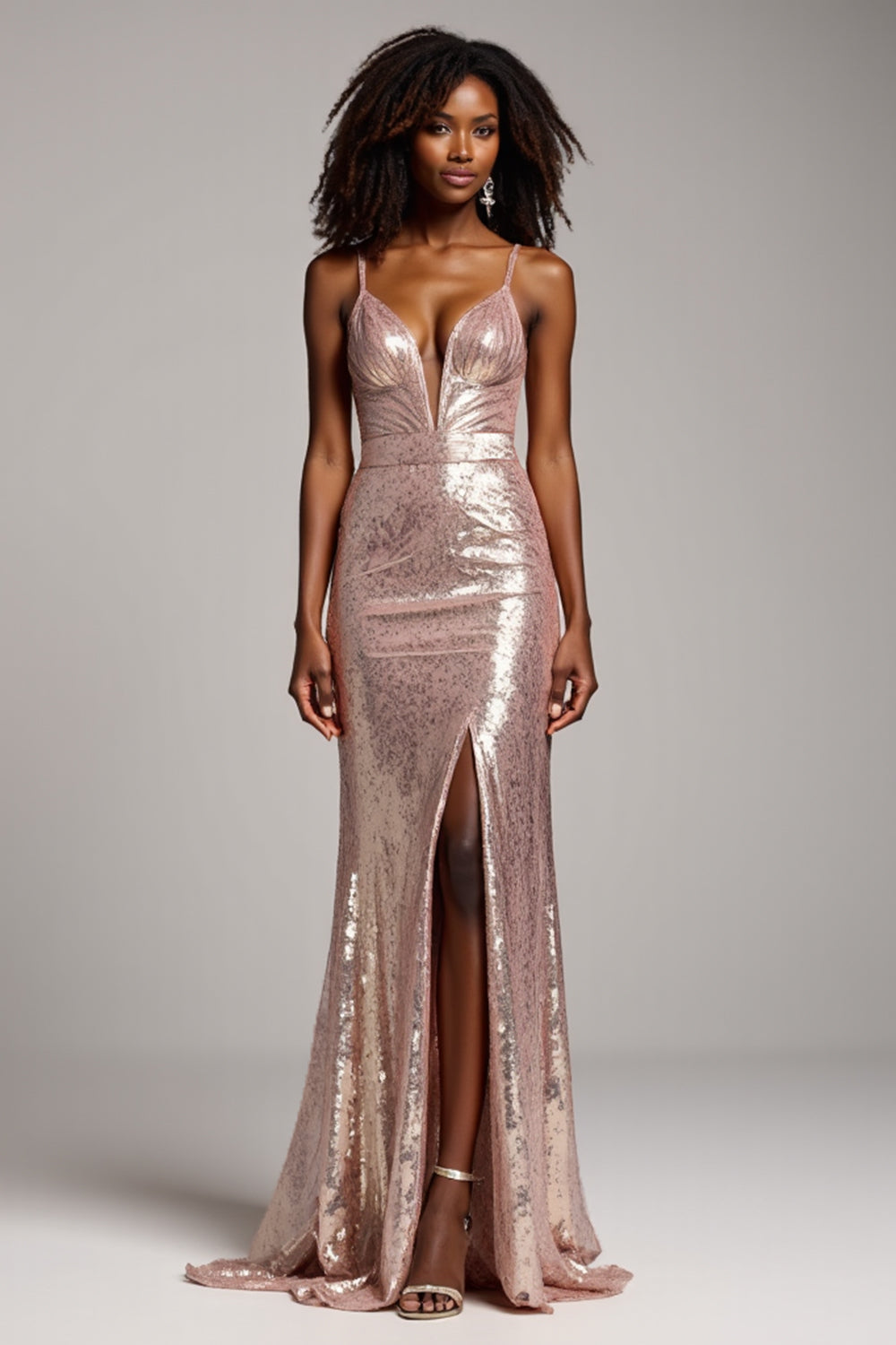 Dusty Rose Sheath Spaghetti Straps Sequins Prom Dress