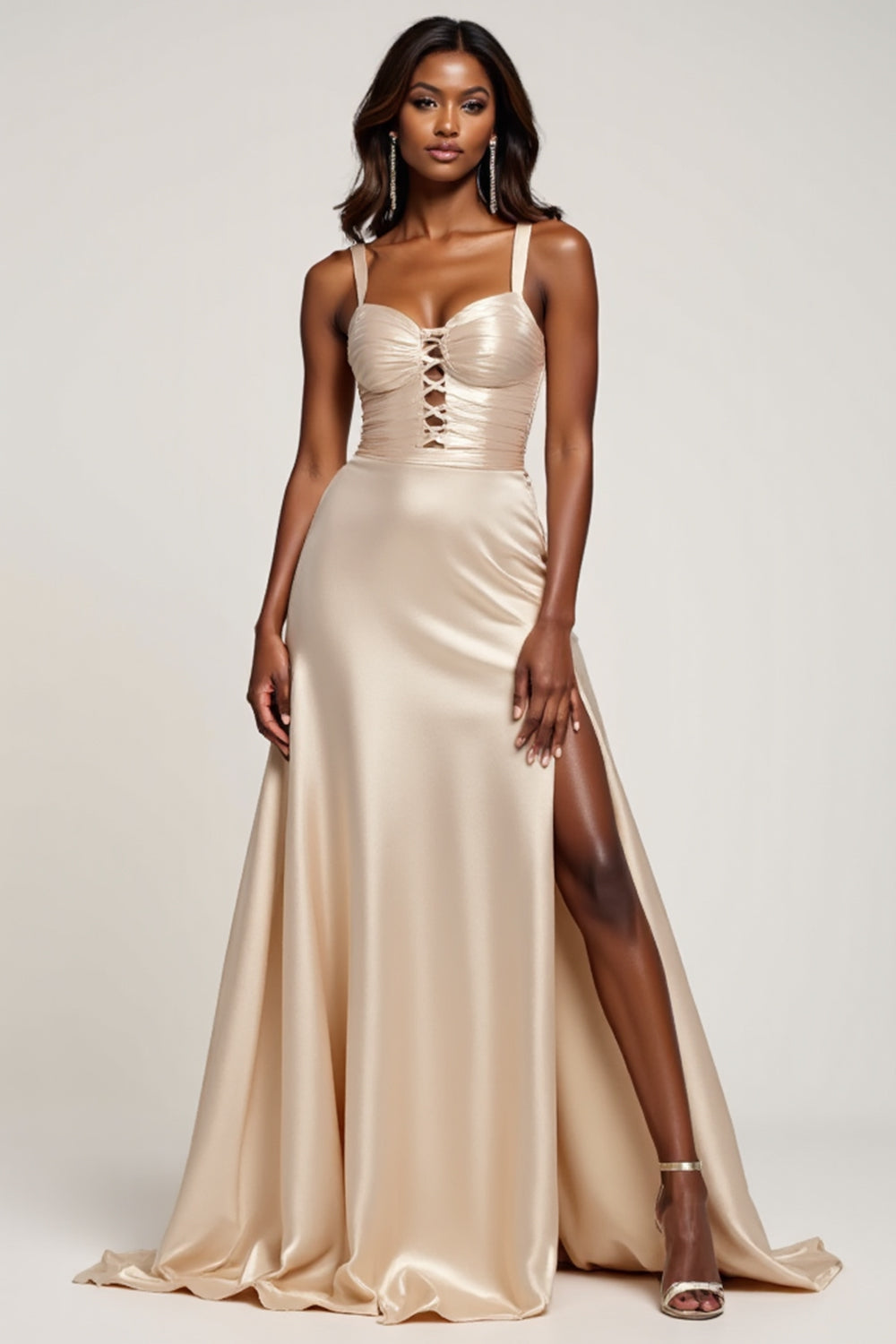 A Line Champagne Sweetheart Satin Prom Dress with Slit