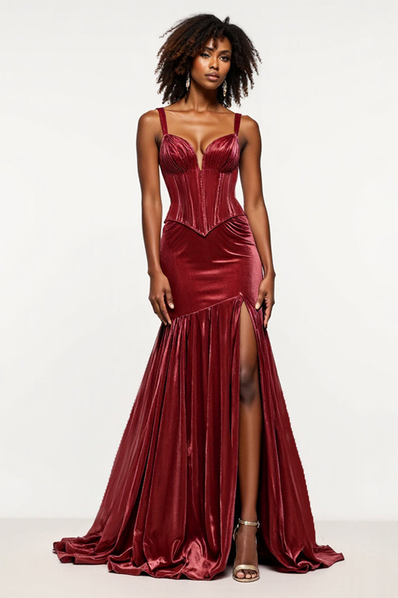 Load image into Gallery viewer, Burgundy Mermaid V-Neck Corset Velvet Prom Dress