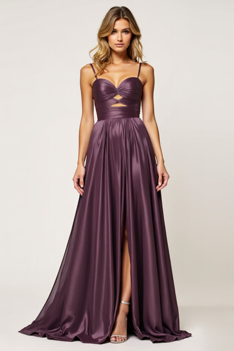Load image into Gallery viewer, Purple A Line Spaghetti Straps Cut Out Satin Prom Dress