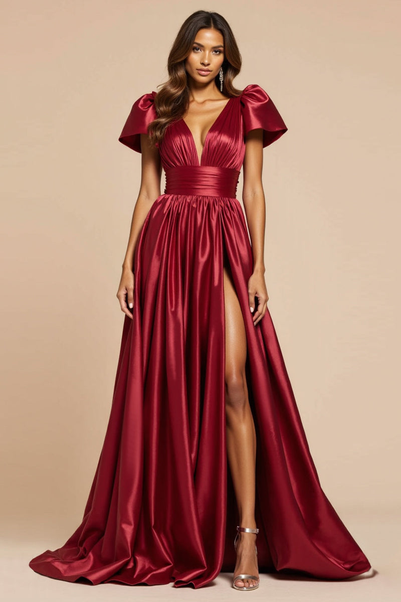 Load image into Gallery viewer, Dark Red A Line V-Neck Pleated Prom Dress with Short Sleeves