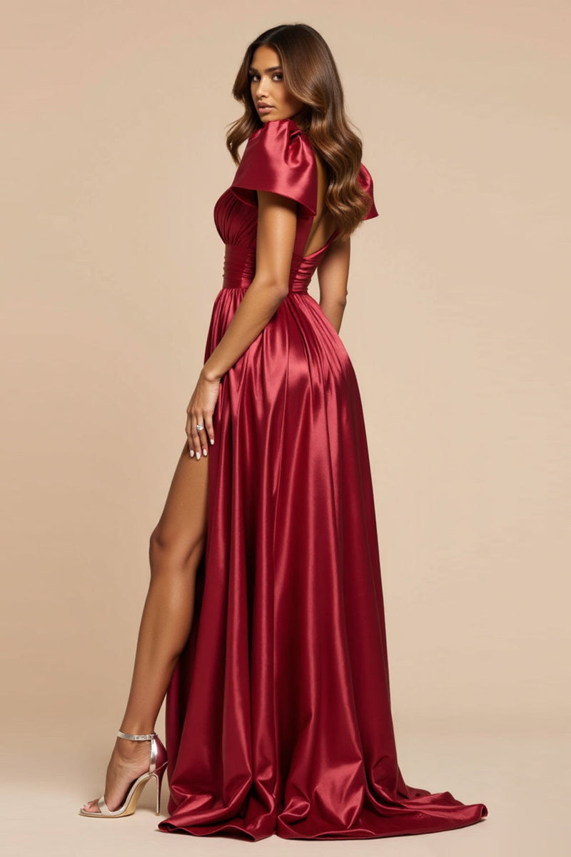 Load image into Gallery viewer, Dark Red A Line V-Neck Pleated Prom Dress with Short Sleeves