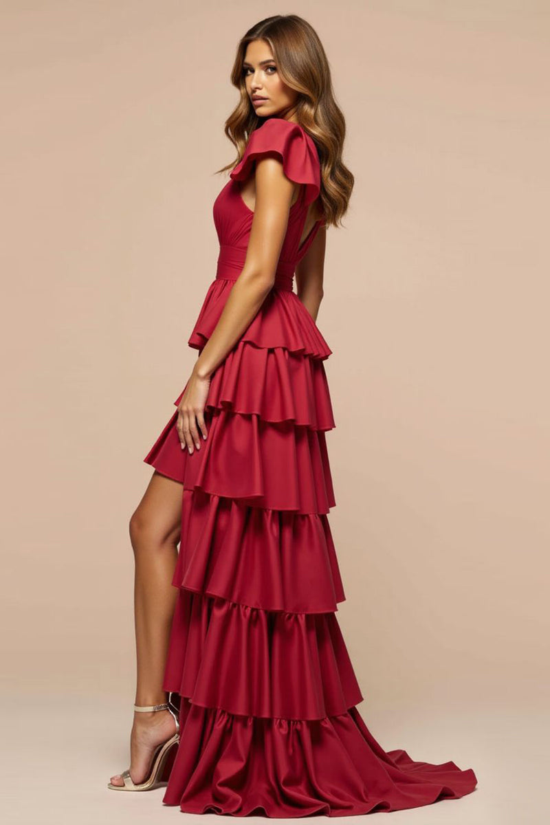 Load image into Gallery viewer, Dark Red A-Line Deep V Neck Ruffles Long Prom Dress with Slit