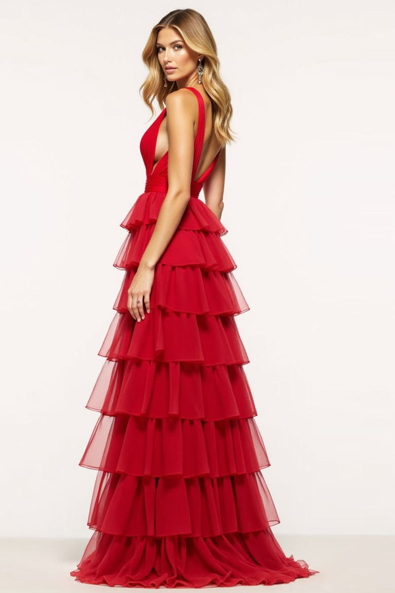 Load image into Gallery viewer, Red A-Line Deep V Neck Ruffles Tulle Long Prom Dress with Slit