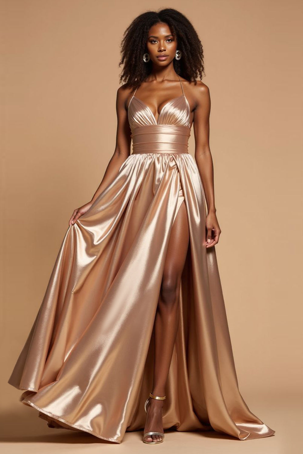 Golden A-Line Spaghetti Straps Satin Pleated Long Prom Dress with Slit