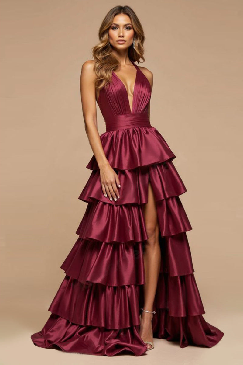 Load image into Gallery viewer, Burgundy A-Line Deep V Neck Ruffles Satin Long Prom Dress with Slit
