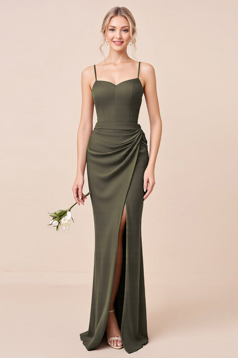Load image into Gallery viewer, Olive Sheath Spaghetti Straps Bridesmaid Dress With Slit