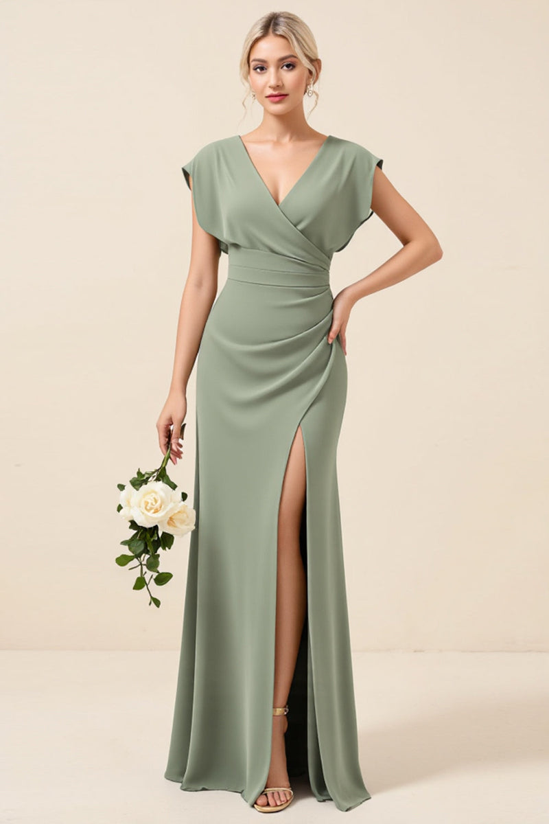 Load image into Gallery viewer, Chiffon V-Neck Long Eucalyptus Bridesmaid Dress With Slit