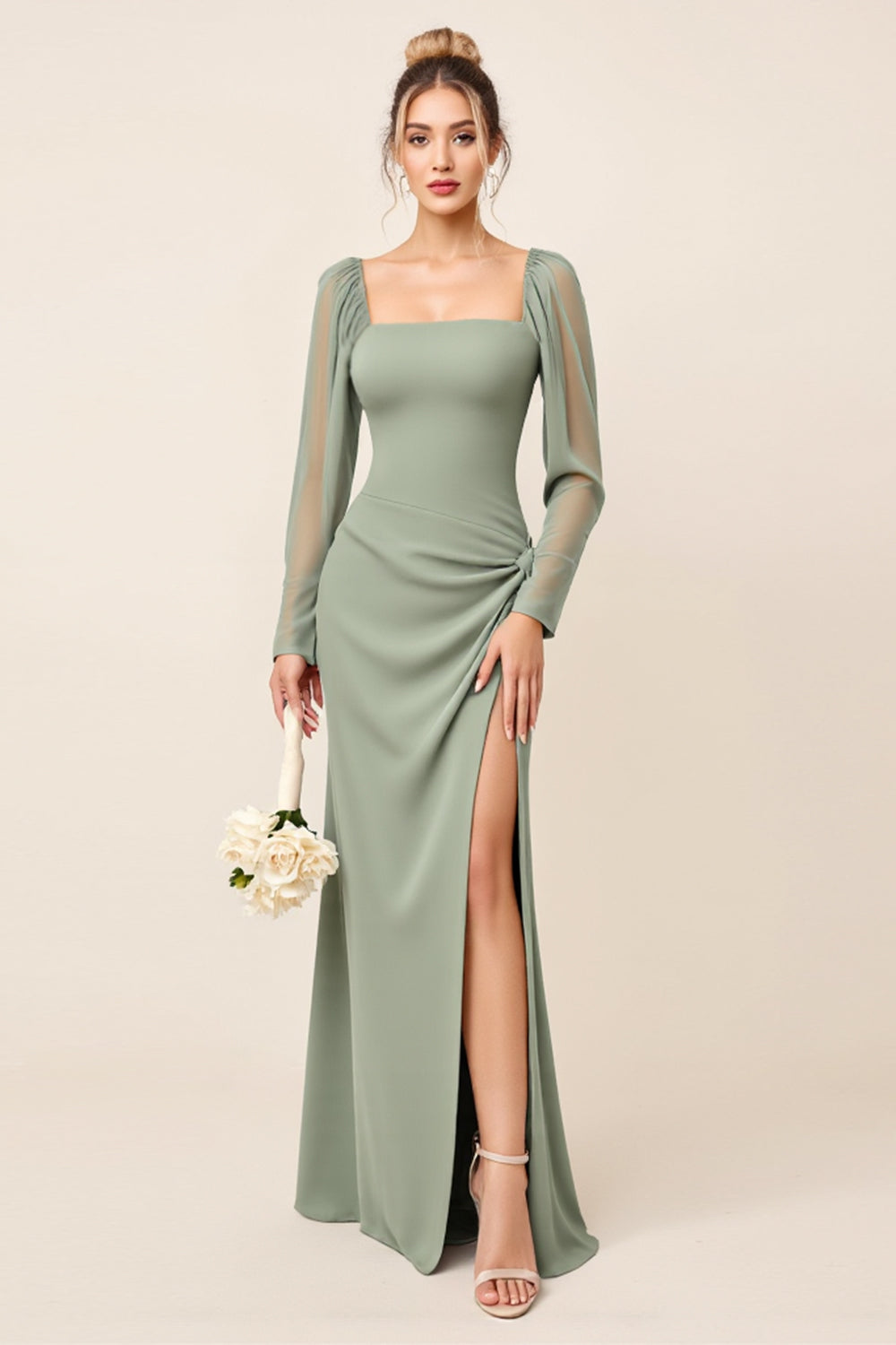 Eucalyptus Square Neck Long Sleeves Bridesmaid Dress with Slit