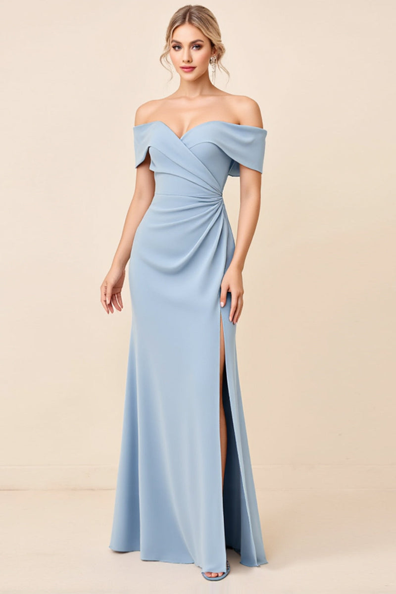 Load image into Gallery viewer, Dusty Blue Off the Shoulder Ruched Long Bridesmaid Dress with Slit