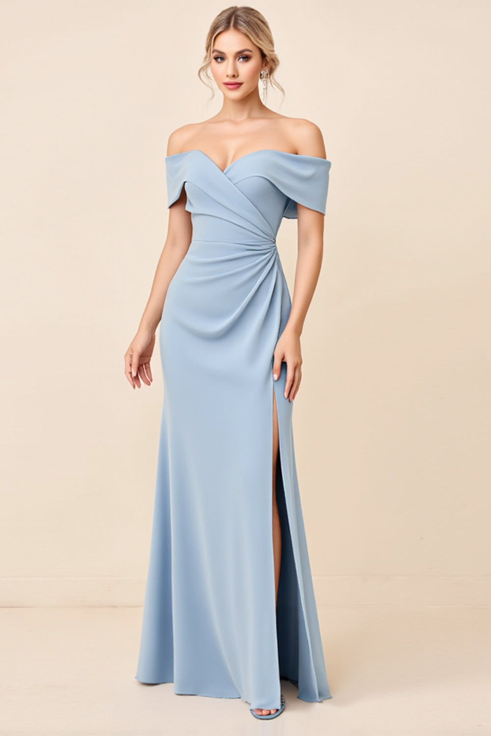 Dusty Blue Off the Shoulder Ruched Long Bridesmaid Dress with Slit