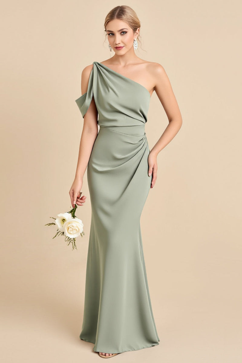 Load image into Gallery viewer, Matcha One Shoulder Mermaid Long Satin Bridesmaid Dress