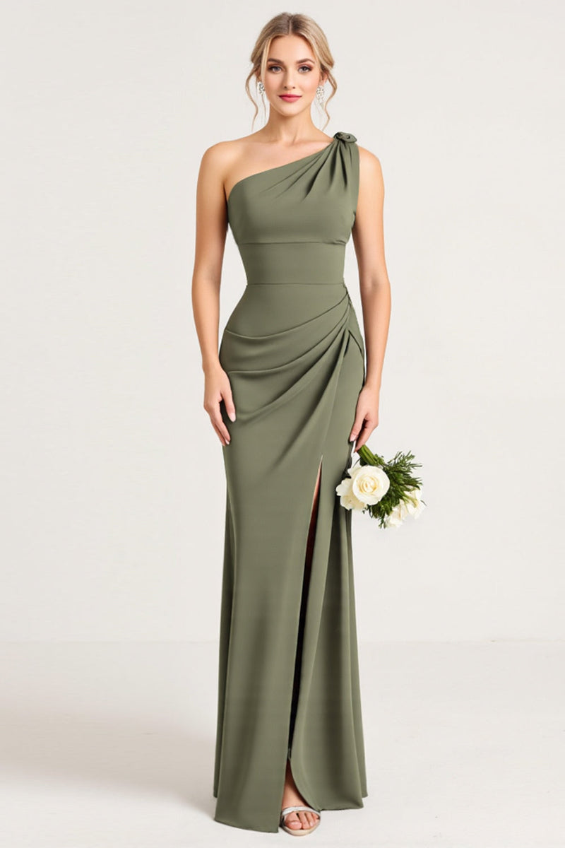 Load image into Gallery viewer, Eucalyptus One Shoulder Sheath Long Bridesmaid Dress with Slit