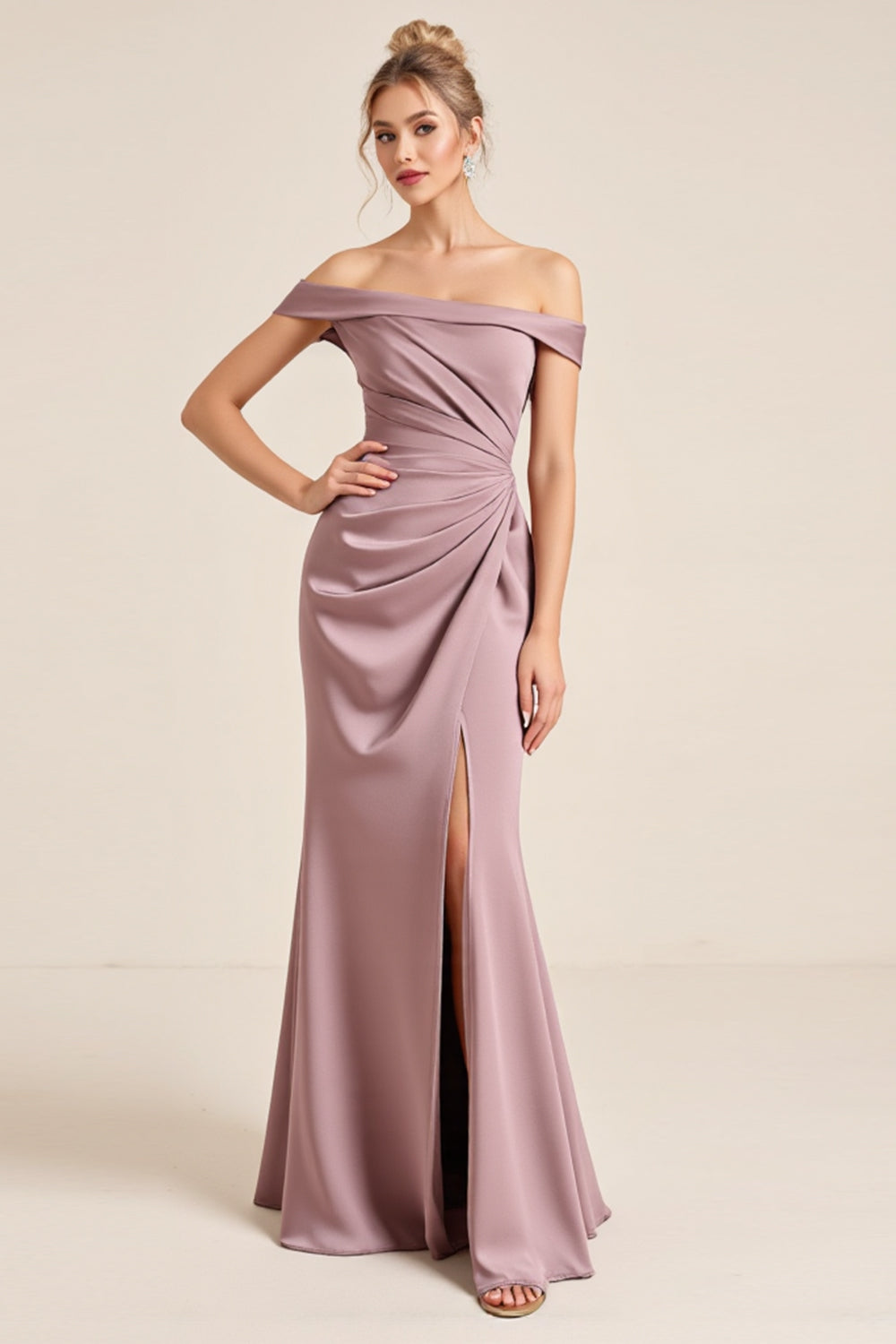 Vintage Mauve Sheath Off the Shoulder Ruched Long Bridesmaid Dress with Slit